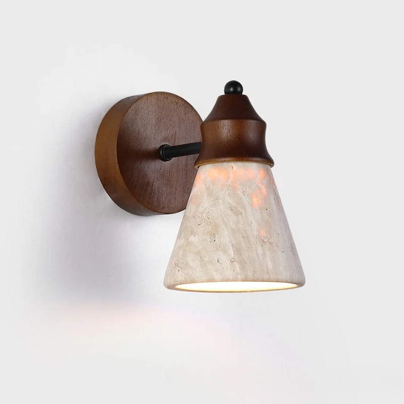

Japanese Retro Wooden Wall Lamps LED Light Taper Yellow Travertine Lampshade Living Room Bedroom Corridor Restaurant E27 Sconces