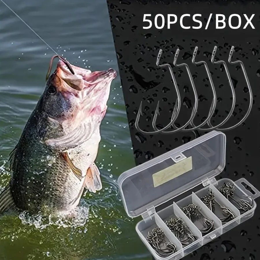 50pcs/box Fishing Hooks Set Crank Barbed Hook High Carbon Steel Wide Gap Offset Fishhook Soft Worm Hook
