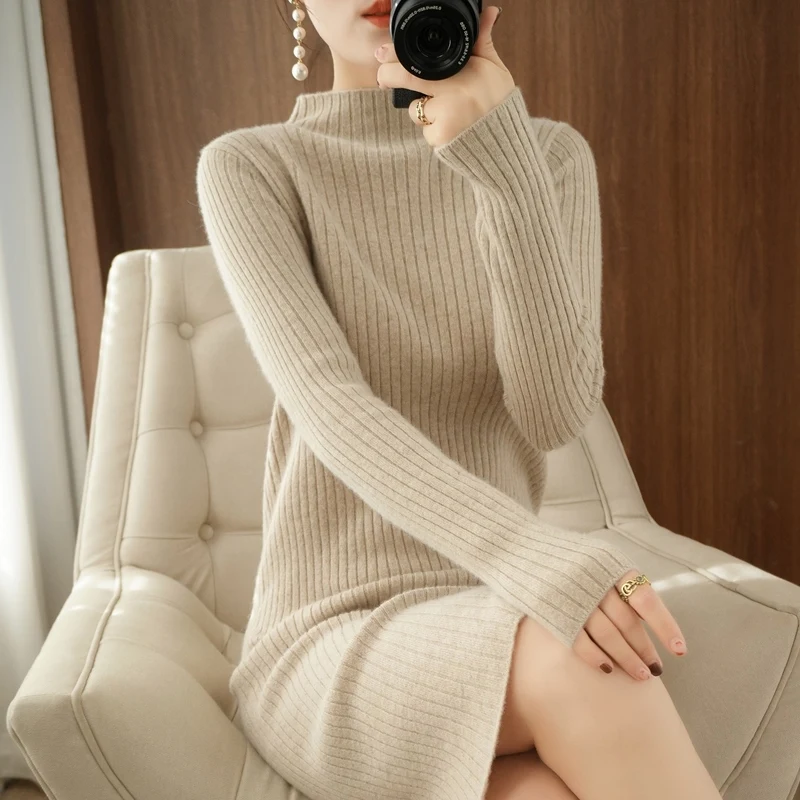 Autumn and Winter New Cashmere Slim Half High Neck Dress Women\'s Medium Long Knitted Cashmere Dress Skirt