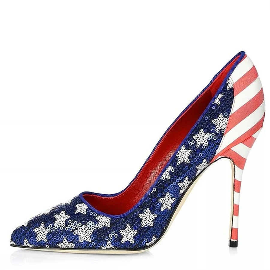 

Blue & Red Sequin Sparkling Heels Pointed Toe American Flag Pumps