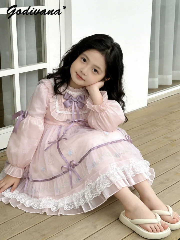 Sweet Baby Girls Lolita Princess Dress Kids Summer 2026 New High End Tulle Bow Lace Trim Puff Sleeve Birthday Party Ball Gown