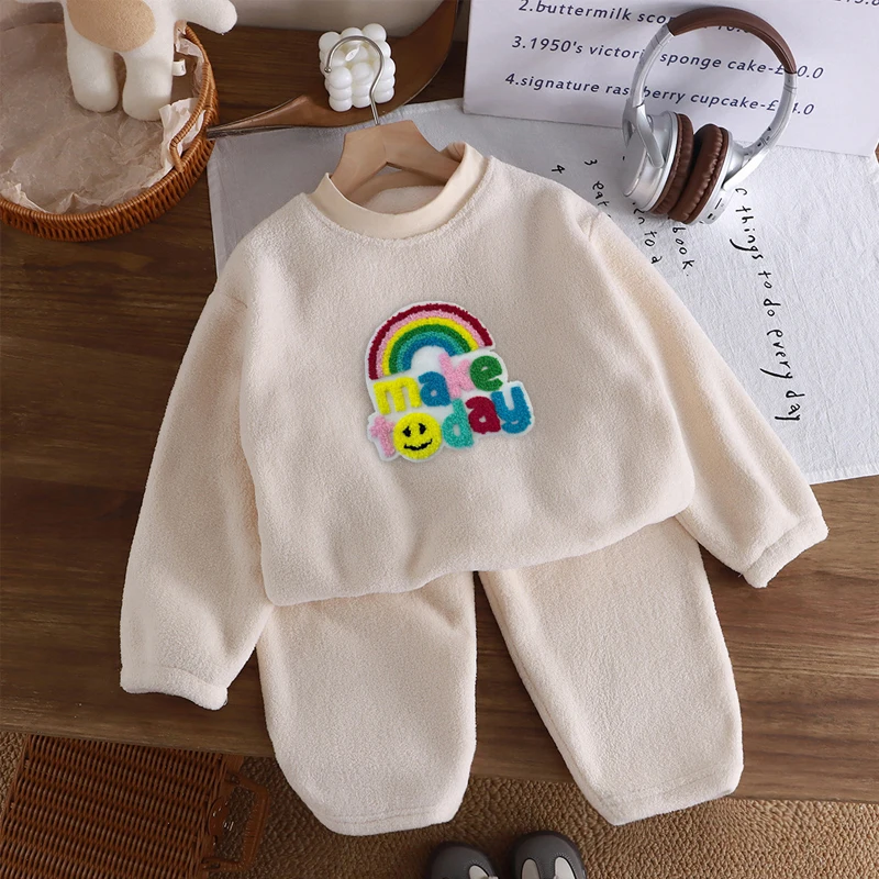 الشتاء الفانيلا الاطفال مجموعات الصلبة الدافئة الأطفال منامة مجموعات Homewear قطعتين مجموعة للطفل الفتيان الفتيات الاطفال بوتيك الملابس