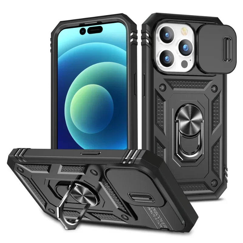 

Luxury Slide Camera Lens Protection Armor Case for iPhone 16 15 14 Plus 13 12 Pro Max Military Grade Bumpers Metal Ring Cover