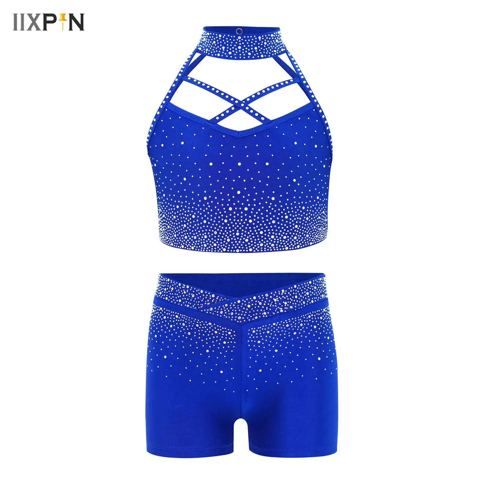 

2Pcs Kids Girls Gymnastics Dance Performance Costume Halter Sleeveless Cross Front Backless Shiny Rhinestones Crop Top+Shorts
