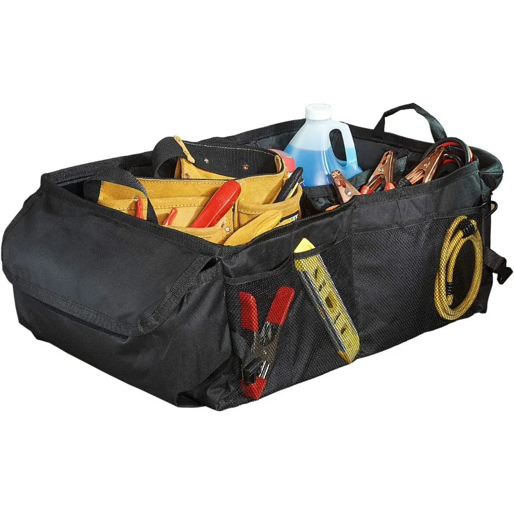 

large trunk organizer for cars and suv's with 11 storage compartments, bottom grip tabs and side stability panel