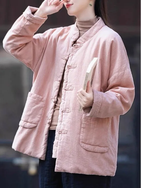سترة نسائية من القطن الصيني مع زر دافئ للشاي الفني القديم ملابس خارجية معطف طويل Sve