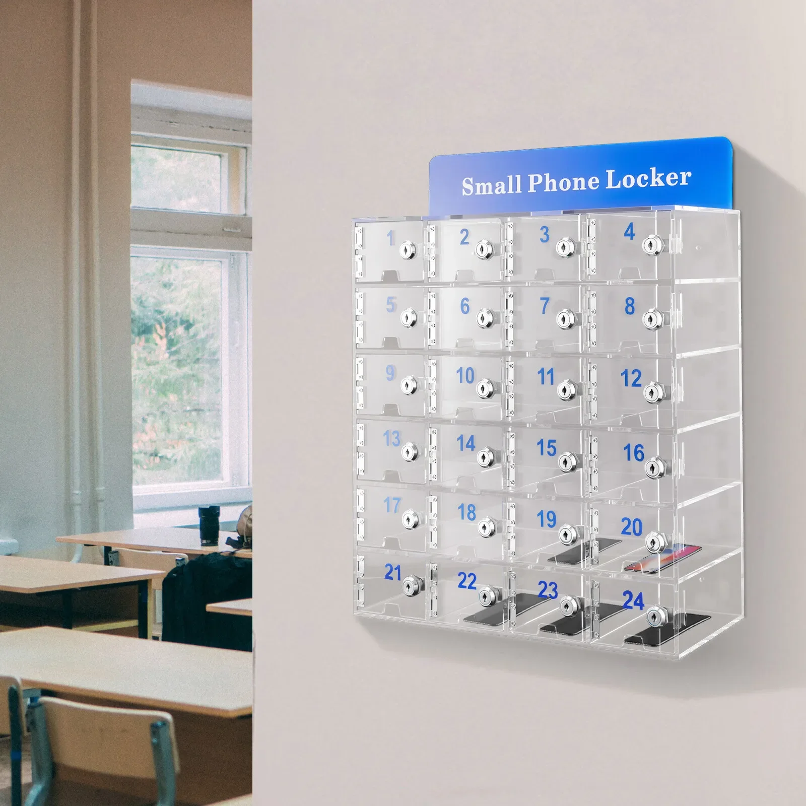 투명 아크릴 잠금식 휴대폰 충전 스테이션 - 도어가 있는 24슬롯 보관 정리함 캐비닛(16"x12"x5")