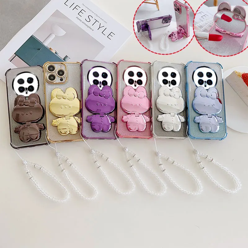 Luxuriöse stoßfeste Handyhülle mit niedlichem Hasen-Make-up-Design, drehbarem Ständer und Kristall-Lanyard für Honor Magic8 Pro Magic7 6 5 4 Rückseite.