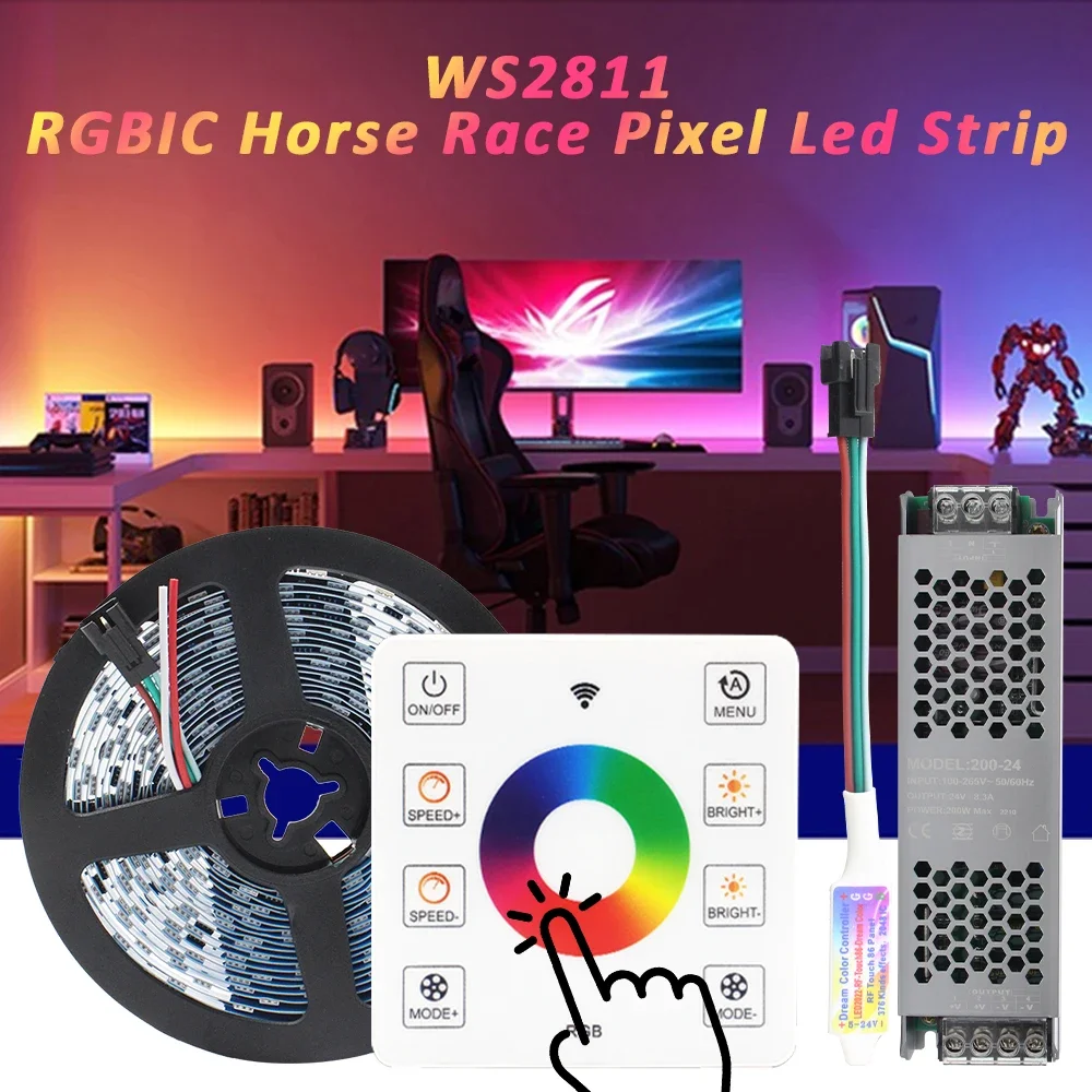 24V RGB IC Horse Race Running LED Strip Lights 5050 WS2811 Pixel Tape Lamp RF Touch Remote Control Room Decor Linear Lighting