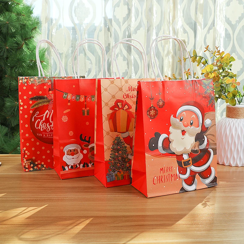 

4pcs Christmas Kraft Paper Tote Bag Santa Claus Candy Cookie Gift Packaging Bag Xmas Decoration For Home Navidad Noel New Year