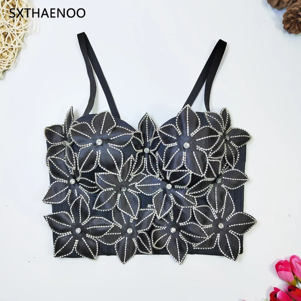 SXTHAENOO 2023 New Applique Beaded Camisole Women Fashion  Slim Cropped Top Bustier Bra Sexy Night Club Party Tank Top Summer