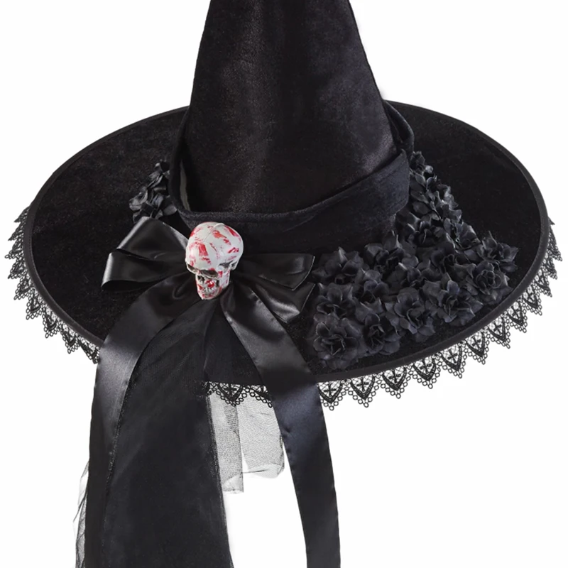 Halloween Schedel Heksenhoed Met Zwarte Rozen Sluier Lint Mannen Vrouwen Feest Hoofdtooi Gotische Cosplay Rekwisieten Decors