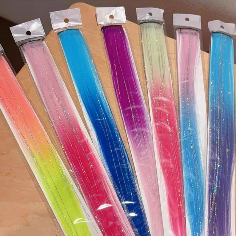 Kids Sparkle Synthetics Hair Extensions Tinsel Rainbow Colored Strands Girls Headwear Hairbinge Hair Laser False Decor 38cm Gift