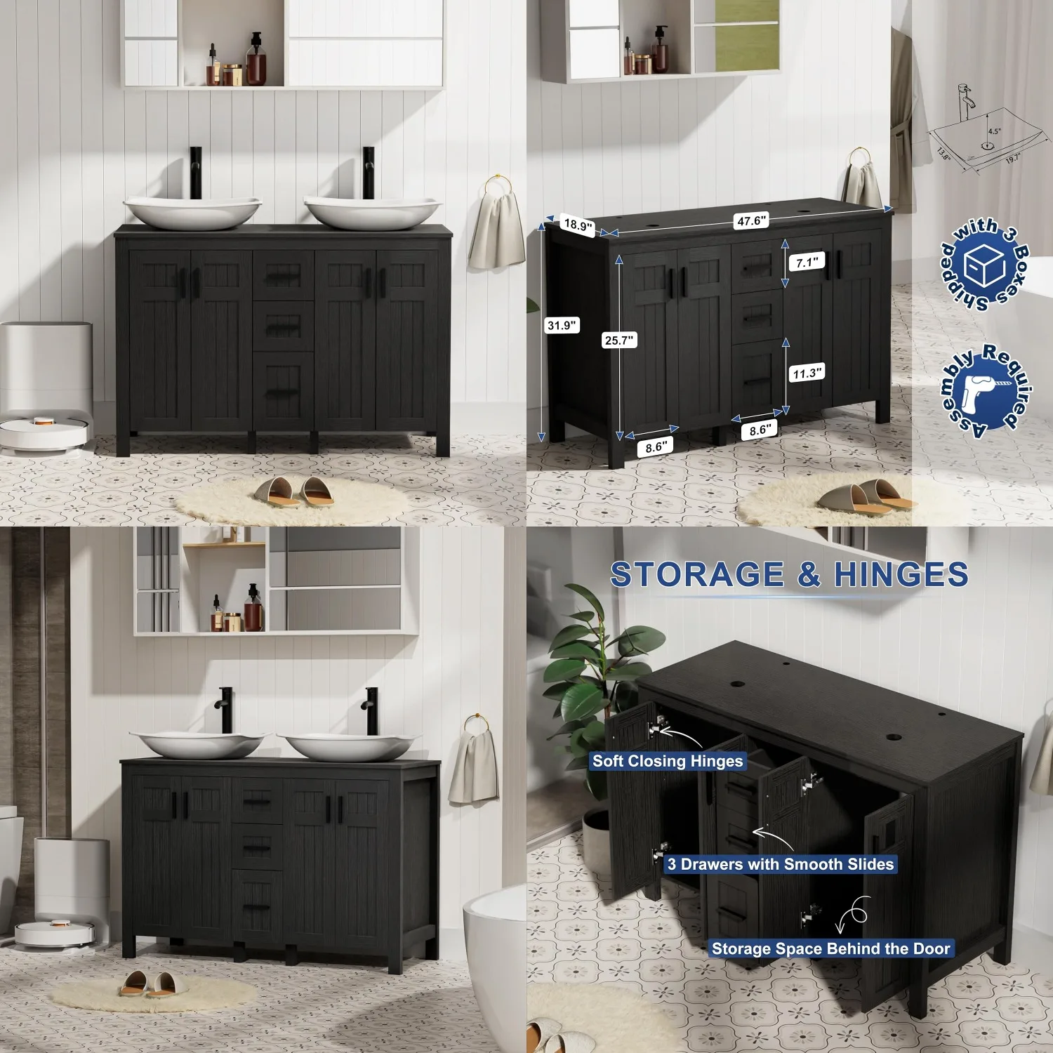 

48" Bathroom Vanity with Sink Combo, Modern Freestanding Cabinet with Soft Closing Grooved Doors and Drawers,, Customized