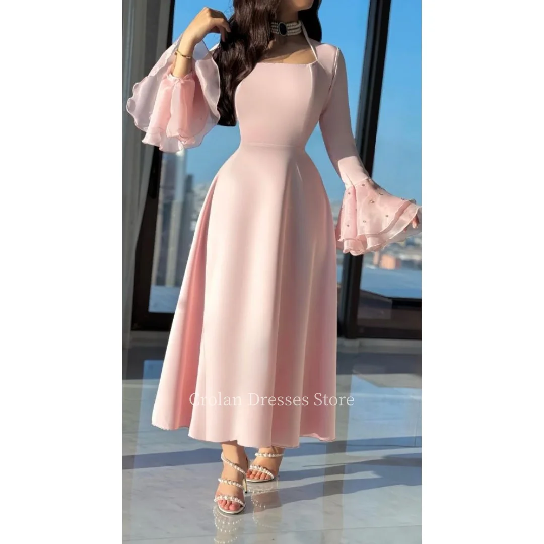 

Gorgeous Pink Evening Dresses 2025 Square Collar Long Flare Sleeves With Peals Saudi Arabia Party Gowns Formal Occasion Dress