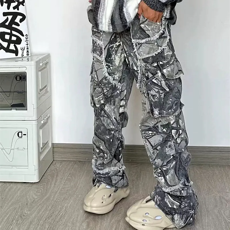 Kanye Y2K Streetwear Baggy pour hommes et femmes, jean évasé empilé, pantalon cargo, vêtements gris, jambe large, long fjRopa zones bre, 2023