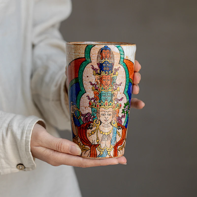 

2025 new Jiujue Tang Tower Heart Hand-painted Eleven-sided Guanyin Coke Cup Big Black Sky Handmade Teacup Thangka Firewood Shino