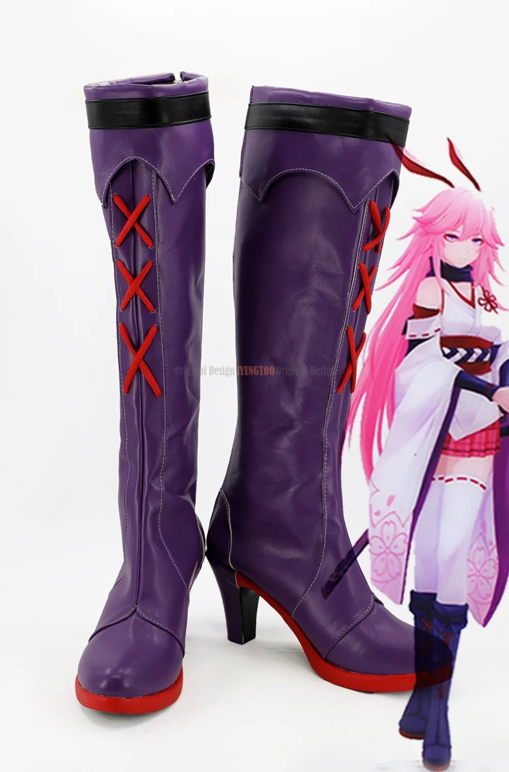 

Yae туфли "Сакура" Косплэй Honkai Impact 3 Yae Sakura ботинки для костюмированной вечеринки фиолетовый Обувь на высоких каблуках индивидуальный заказ Любой Размер