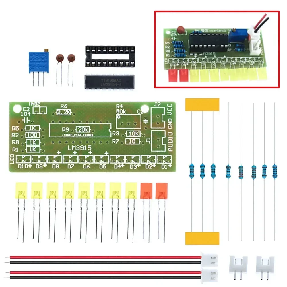 LM3915 10-LED VU Meter Kit with Adjustable Sensitivity - DIY Audio Level Indicator Module for 9V-12V DC Power