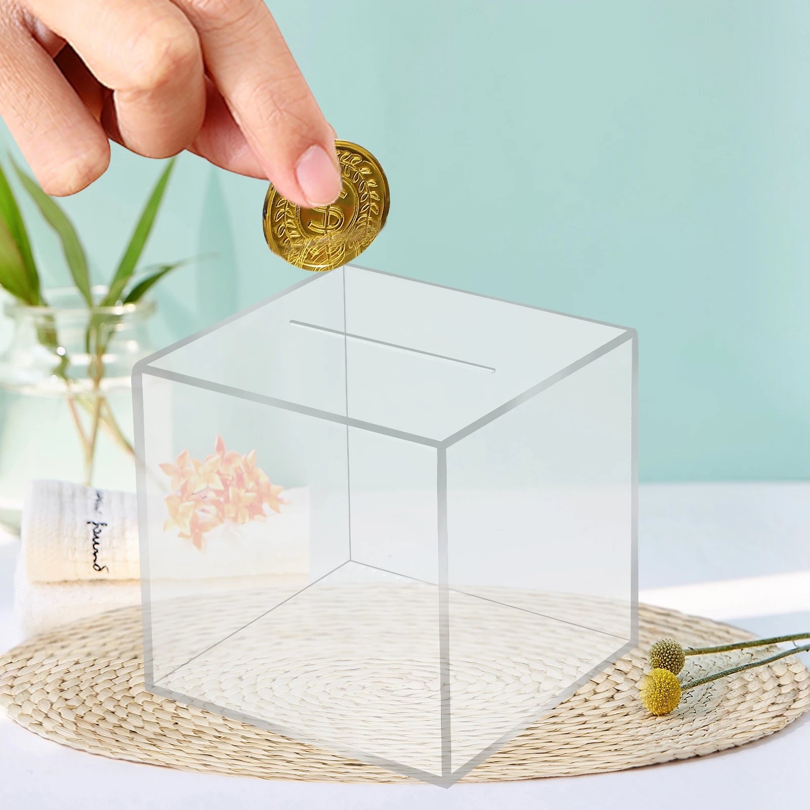 

2 pcs Piggy Bank Clear Unopenable Money Storage Box Adult Kids Transparent Cube Coin Jar Desktop Savings Container