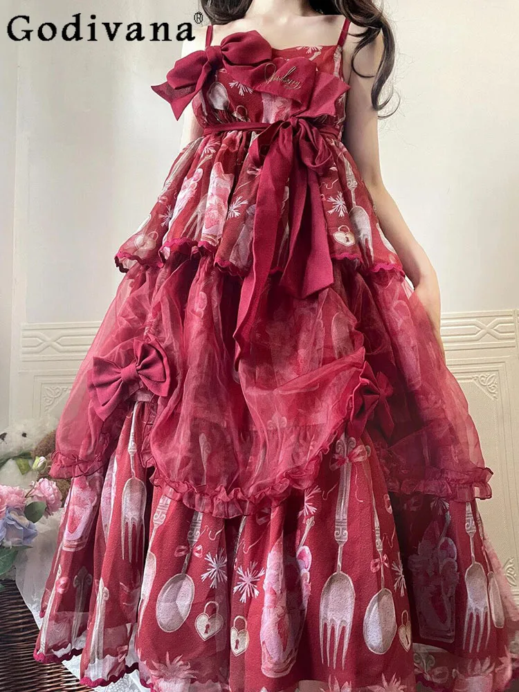 로리타 무대 JSK 보우 레드 서스펜더 드레스 여성 민소매 빅 스윙 크리스마스 드레스 여성 파티 코스프레 드레스