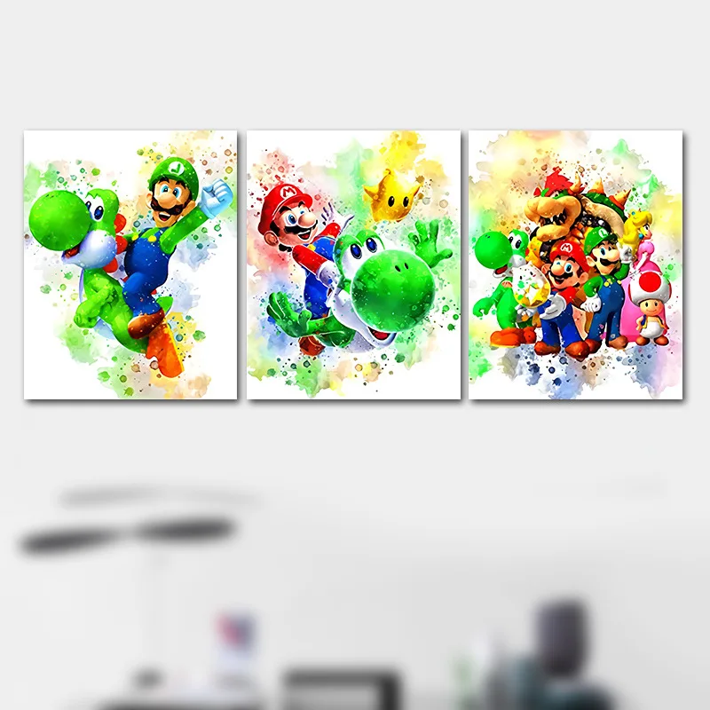 Pintura colgante de Super Mario, póster de Graffiti de acuarela recubierto con aerosol, personajes de dibujos animados lindos, decoración de dormitorio para niños