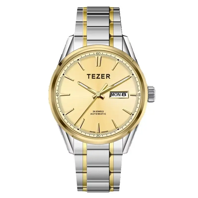 TEZER Men Automatic Watch | Gold Dial | Two-tone Steel Band | Week & Date | 50M Waterproof Mechanical Wristwatch