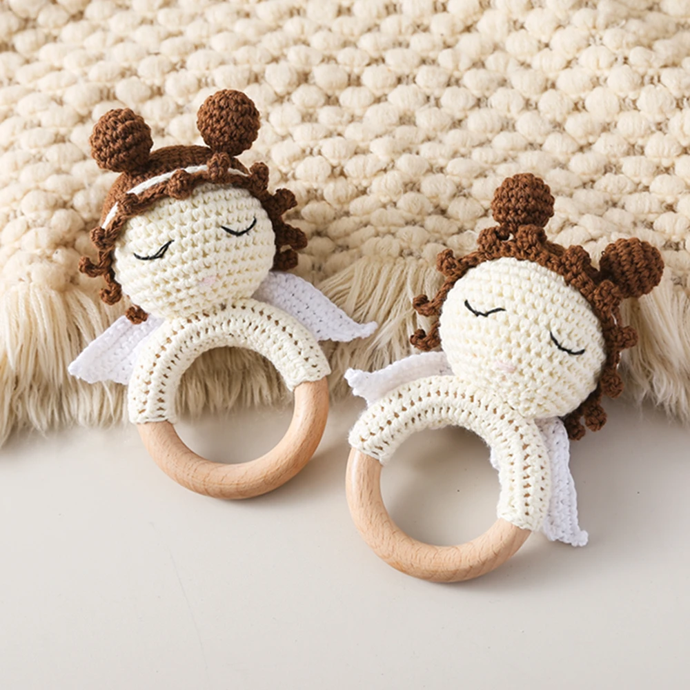 1PC Baby Crochet Rattle Toys Wooden Ring Bracelet Teether Toys Crochet Angel Wing Rodent Rattle for Newborn Teething Toys Gift