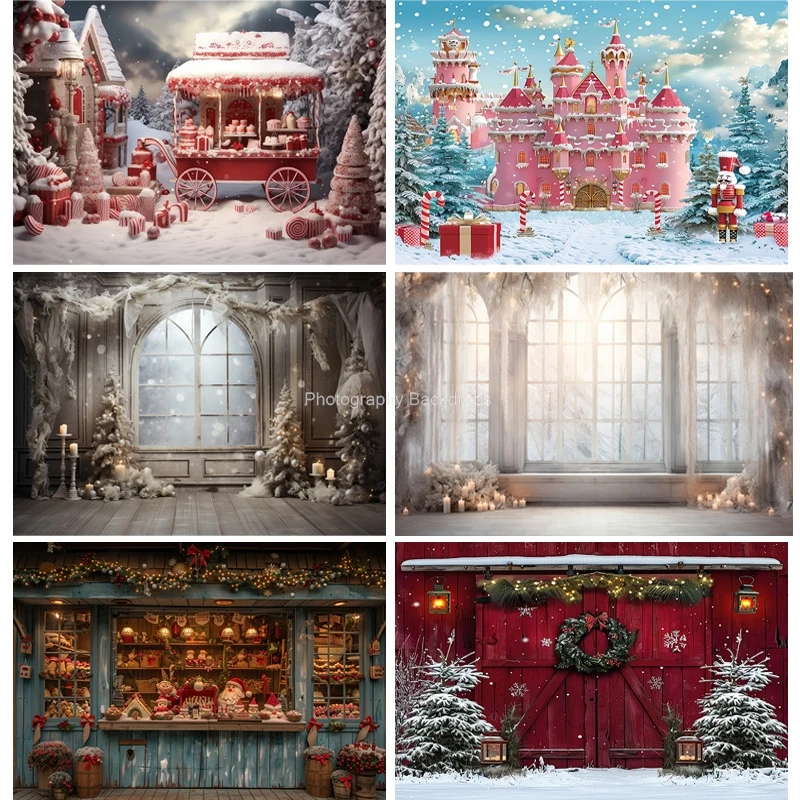 

Christmas Tree With Gift Boxes Photography Backdrops Winter Snow Decorations Wooden Door Fireplace Room Background Props WR-14