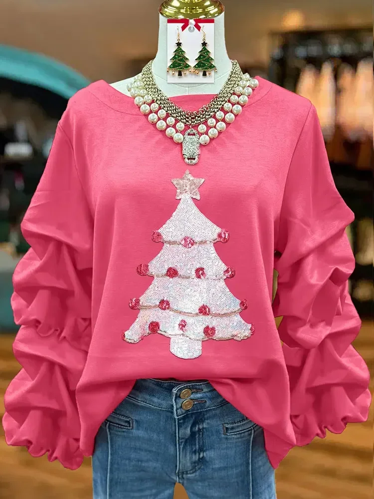 Sudadera de mujer con top plisado con lentejuelas y árbol de Navidad dulce