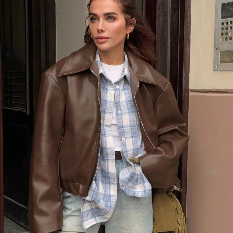 

Весенне-осенняя модная женская куртка однотонного цвета в иностранном стиле с отложным воротником и молнией, свободное пальто, кожаные куртки для женщин с характером