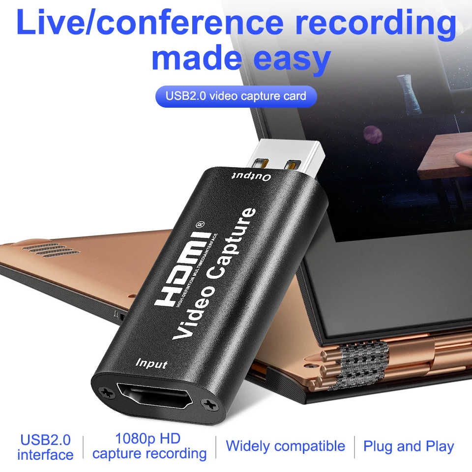 Capture Card 4K HDMI to USB 2.0 Video Capture Device 1080P HD 30fps Broadcast Live and Record Video Audio Grabber Converter