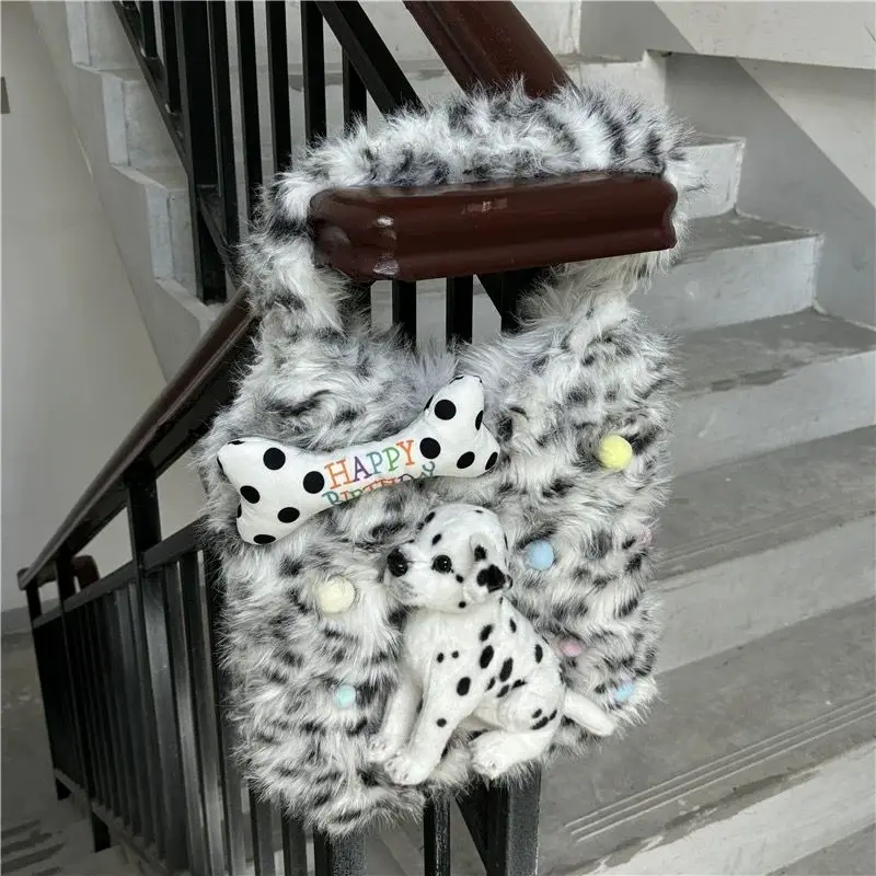 

Sweet Cute Dalmatian Tote Bag Women Plush Leopard Print Large Capacity Shoulder Bag Ladies Hot Girl Y2k Cartoon Underarm Bag New
