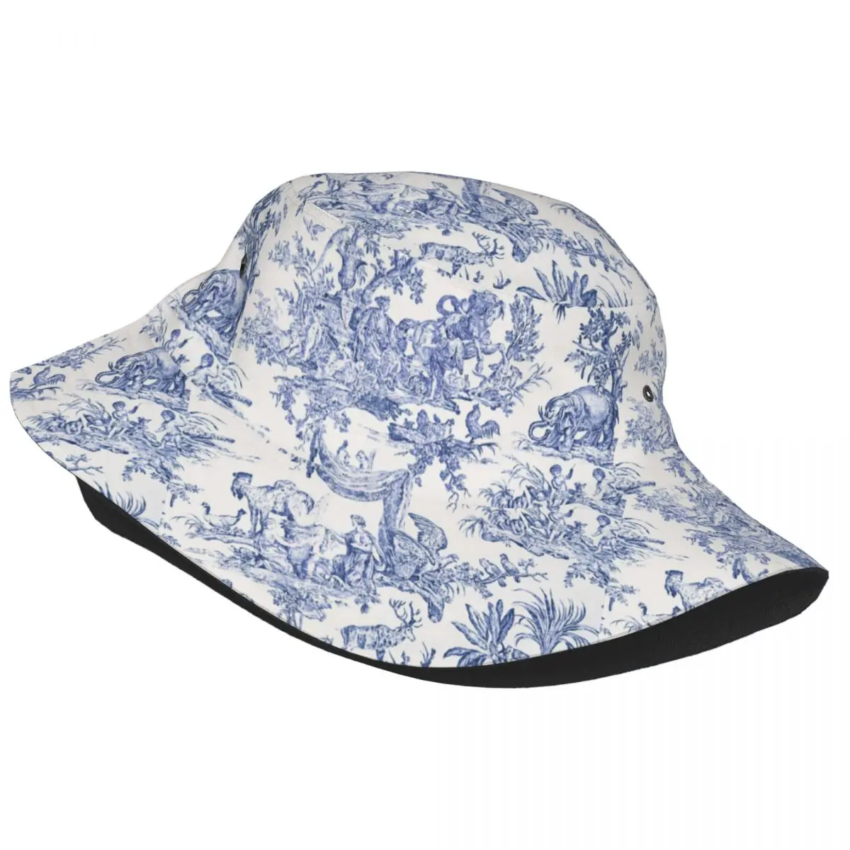 Navy Blue Toile De Jouy Bucket Hat Women Men Unisex Fashion French Countryside Floral Summer Fisherman Cap