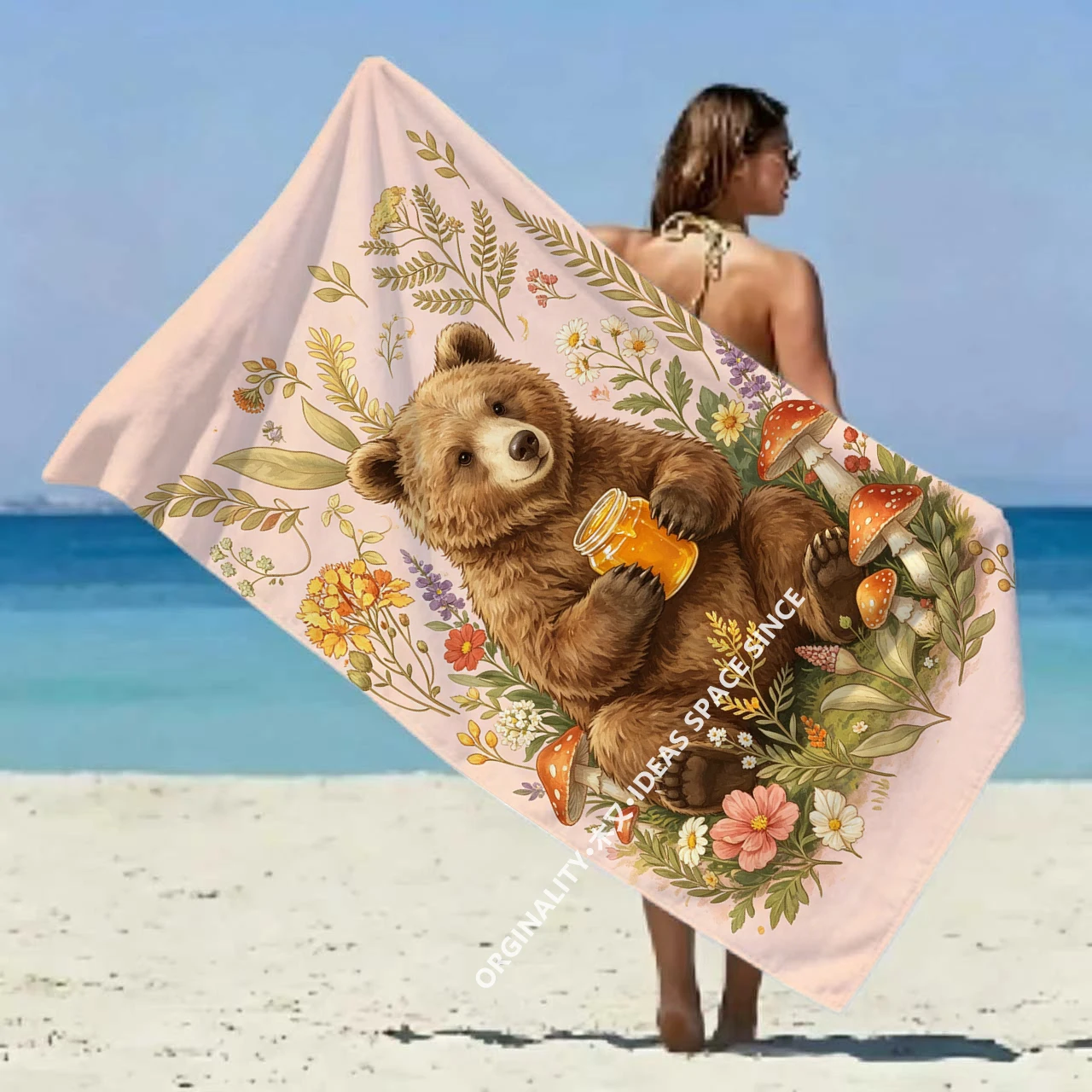 Vintage Forest Bear Honey Beach Towel Patterned Sunscreen And Windproof Suitable For Swimming Pool Camping Travel