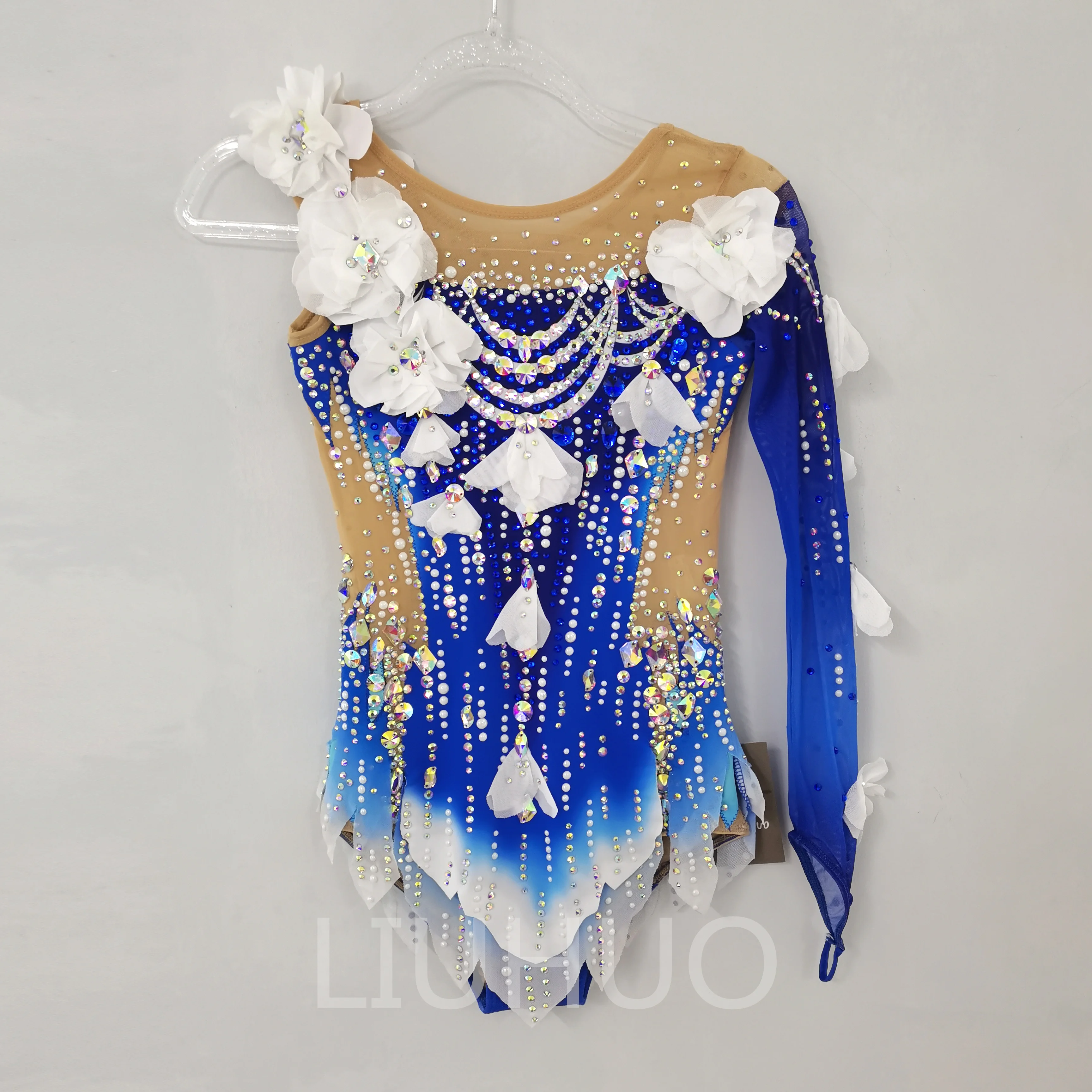 LIUHUO Rhythmic Gymnastics Leotard Competitive Gymnastics Performance Dress Blue White Flowers