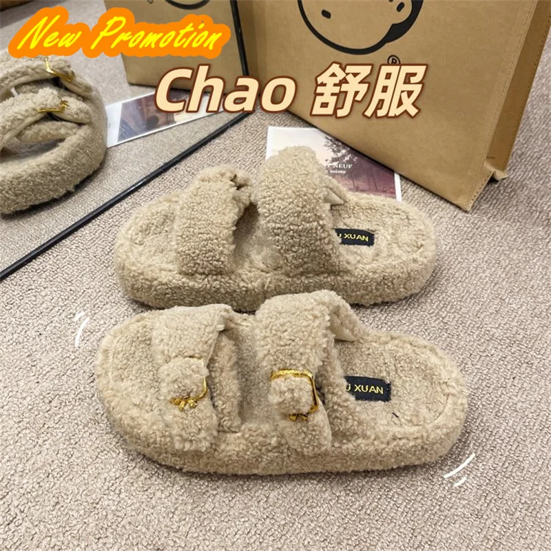 Wool slippers for women's double large size popular indoor warmth and fashion lamb wool cotton slippers women shoes