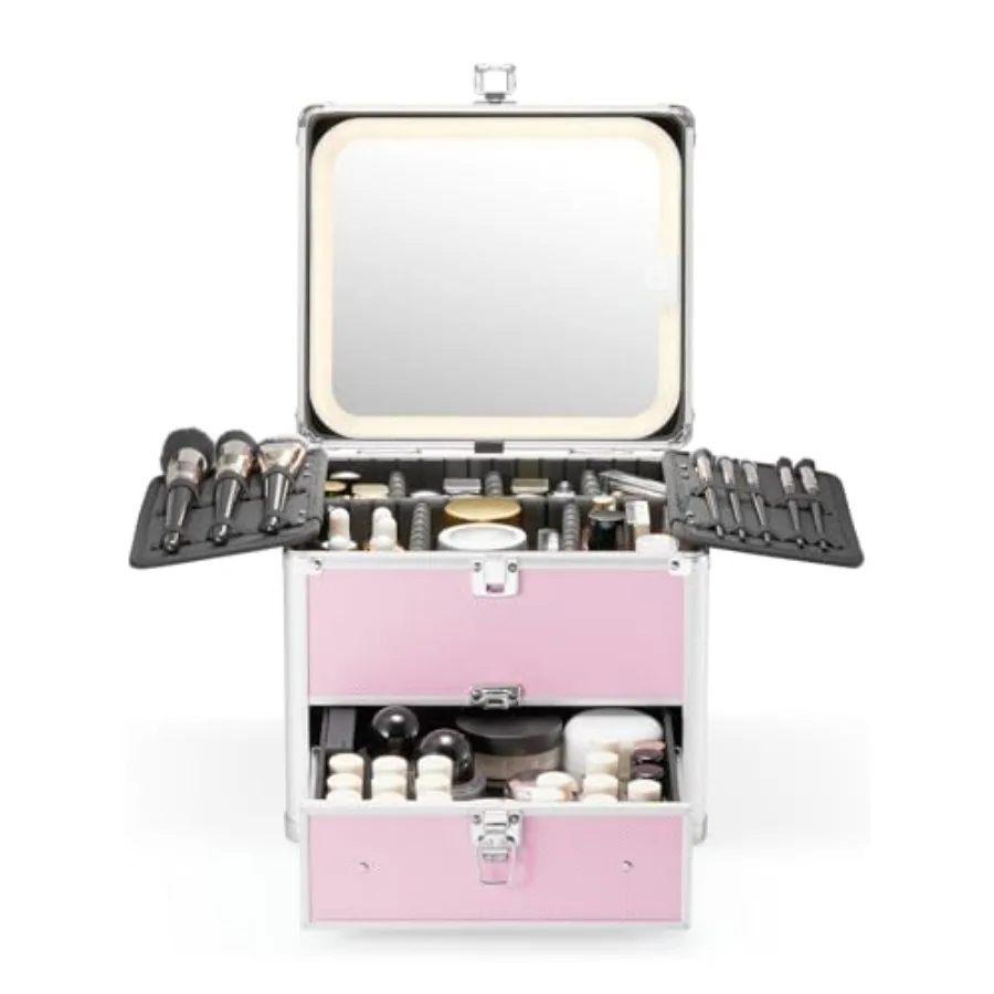

Makeup Box with Drawer and A Detachable Lighted Mirror Waterproof Travel Train Case Cosmetic Organizer and Makeup Suitcase with