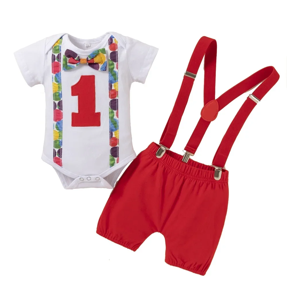 Baby Cake Smash Outfit Boys Clothes Set Letter One Printed Romper Suspender Shorts Toddler First Birthday  Photograph