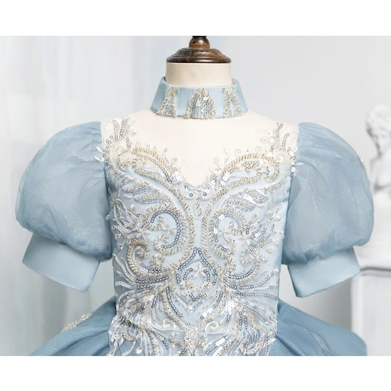 

Blue Girl's Princess Piano Fashion Dress Children's Host Stage Show Stylish Performance Costume