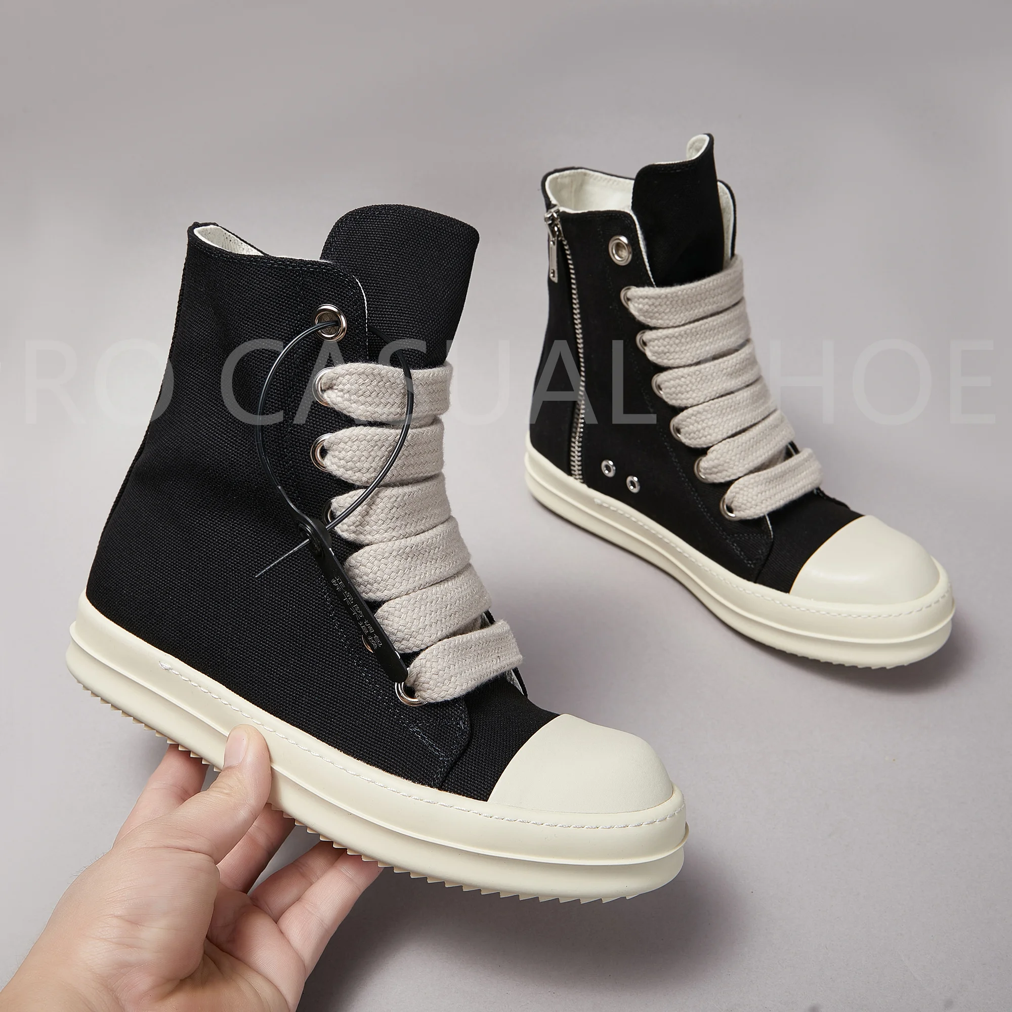 RO Brand Ricks Luxury Casual Black Canvas High Top Quality Men Shoe Owens Design Jumbo Shoelace Women Sneaker Thick-Sole Shoes