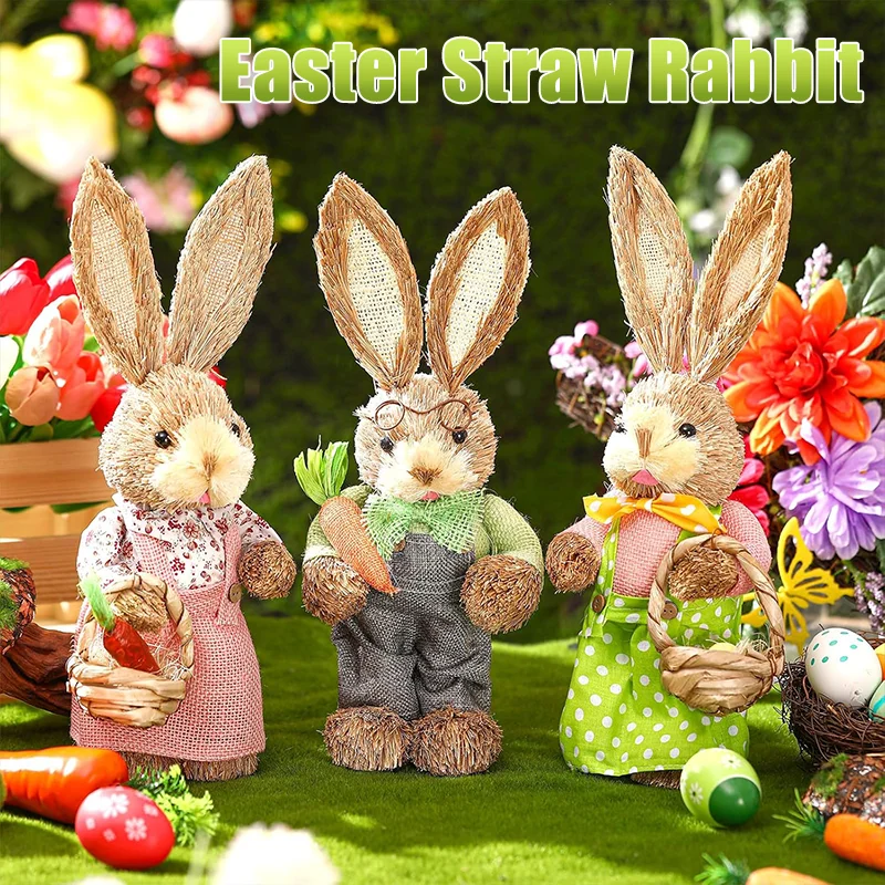 Handgewebte Hasen-Kaninchen-Statue, 35 cm, Osterhase-Dekoration, rustikales Zuhause, Ornament, Hof, Party, Urlaub, Dekor, Skulptur-Dekoration