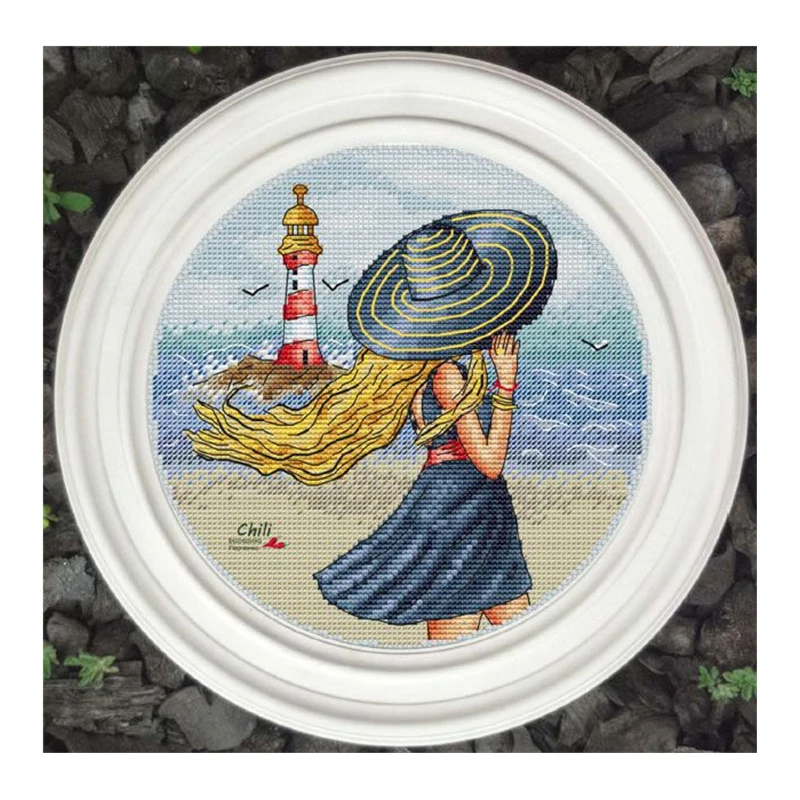 

Cross-stitch set: Back view Girl, Seaside Lighthouse, 28ct, 18ct, 14ct, 11ct. You can choose the printed fabric hand-embroidery