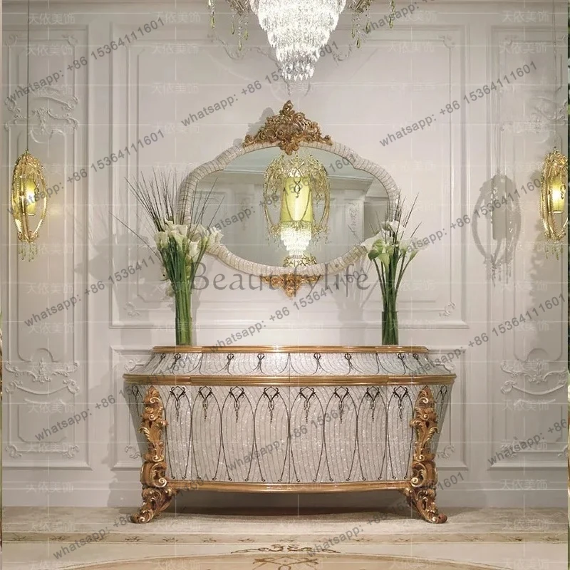 French Luxury Court Wine Side Cabinet White Shell Glass Door Display Cabinet European Living Room Wine Cabinet