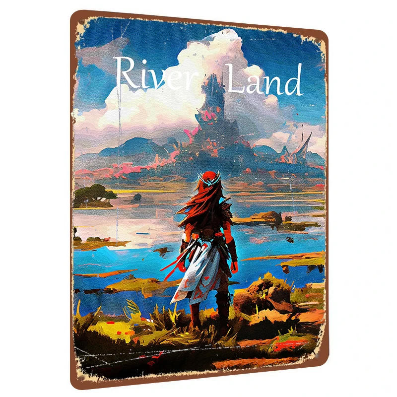 River Land Fantasy Art Metal Wall Decor Red Haired Warrior Landscape Painting Home Decoration
