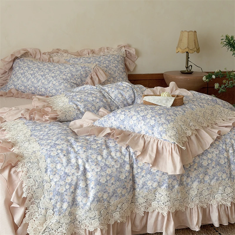 Vintage Floral 100% Cotton Double Gauze Soft Bedding Set Duvet Cover with Crochet Lace & Ruffle Trim, Bed Sheet Pillowcases 4Pcs