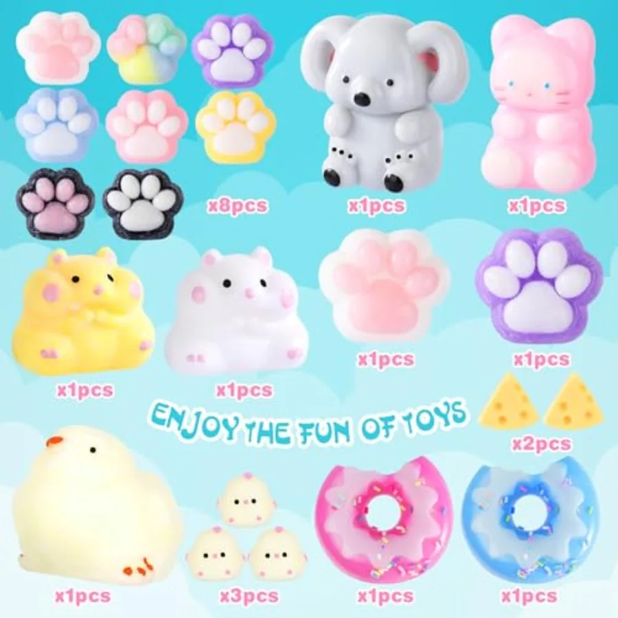 Squishy 20Pack, Kit de brinquedos Squishy Fidget, inclui brinquedos de pintinho, patas de gato, hamster, brinquedo de alívio do estresse, brinquedos de apertar, festa