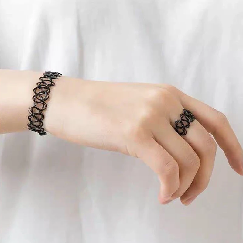 Simple Retro Gothic Necklace Elastic Tattoo Choker Chain Fashion Bracelet Stretch Braided Thread Ring Jewelry Set Wholesale