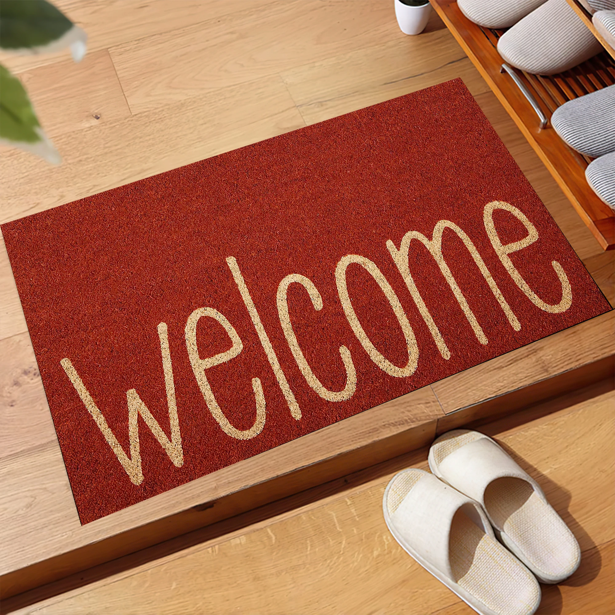 Classic Red Welcome Doormat - Non-Slip Natural Rubber Front Door Mat for Indoor Outdoor Entryway Decor, Low-Profile Floor Rug