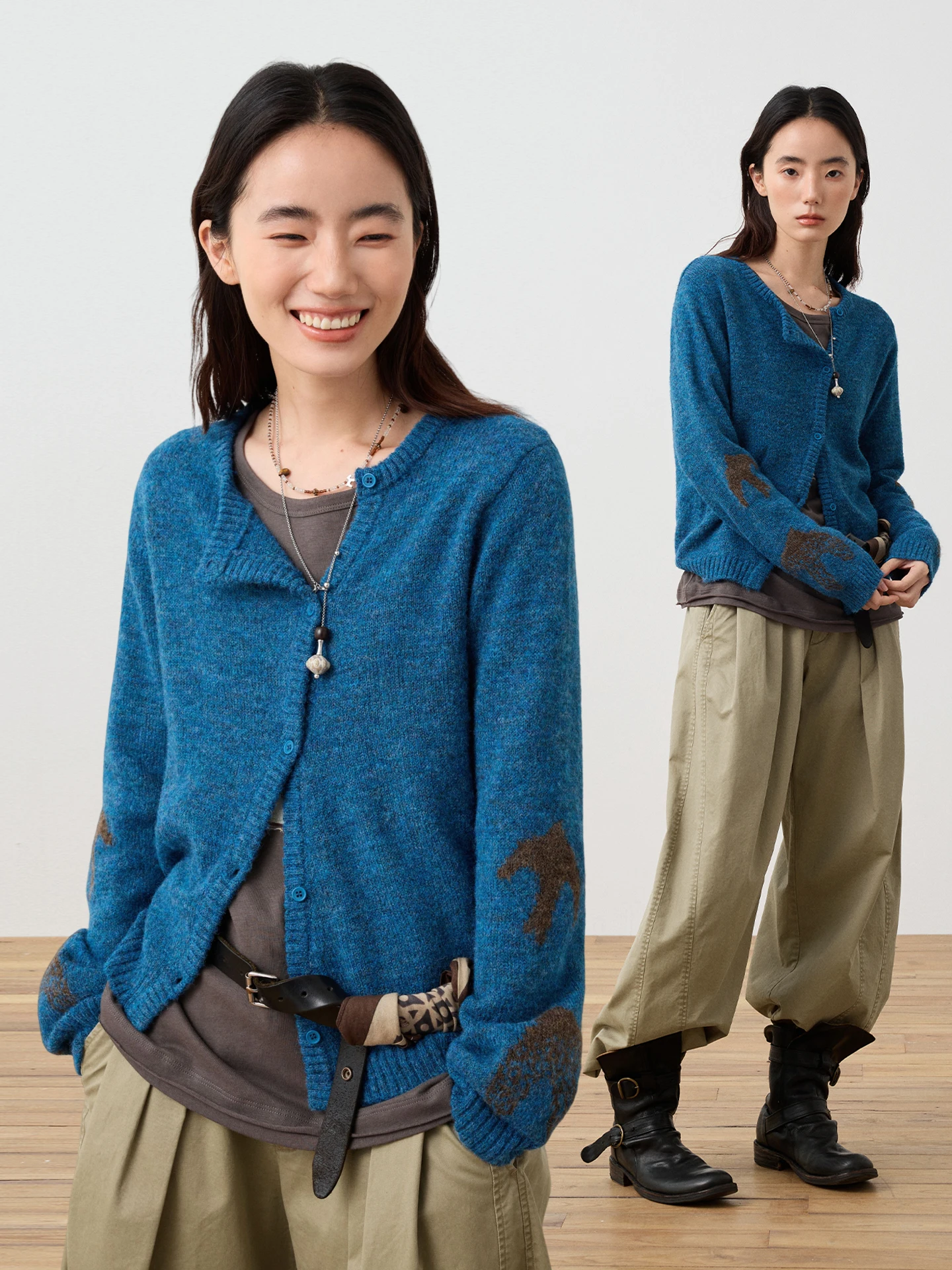 

Octopusme Women's Knitted Sweater Cardigan Vintage Aosphere Feeling Spring Season Miating Bird Slant Door Trim Long Sve
